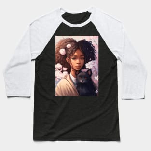 Floral Cute Anime black girl with her cute black dog Baseball T-Shirt